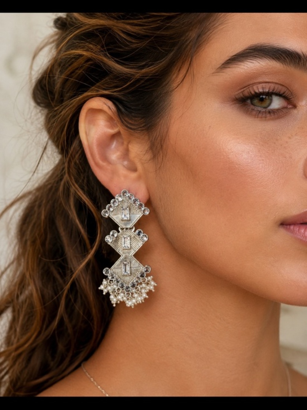 Silver Rhinestone Statement Chandelier Drop Earrings Art Deco